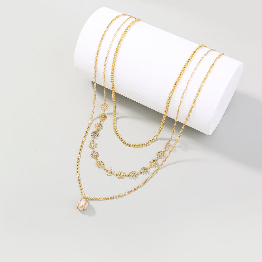 Simple Imitation High-light Pearl Pendant Necklace Rose Metal Tassel Piece Multi-layer Necklace Woman