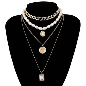 Vintage coin gemstone necklace sweater chain female personality temperament multi-layer pearl necklace