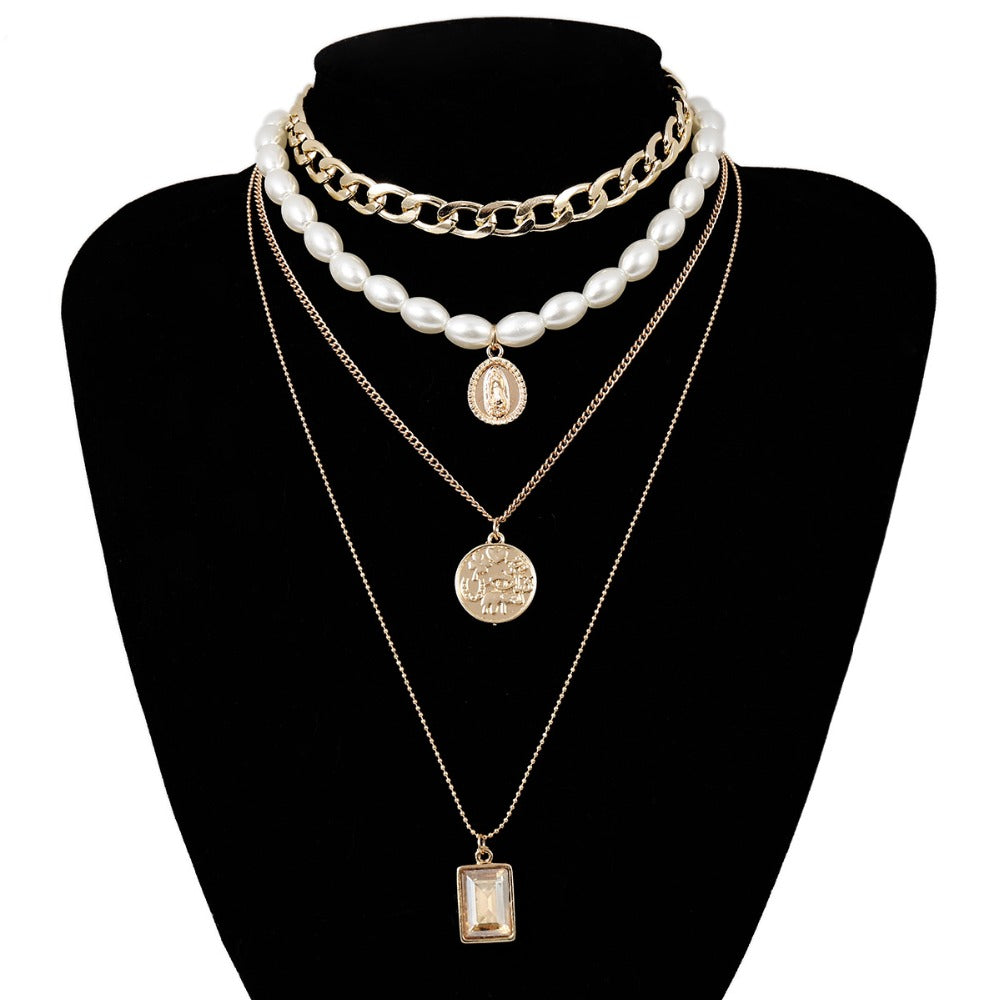 Vintage coin gemstone necklace sweater chain female personality temperament multi-layer pearl necklace