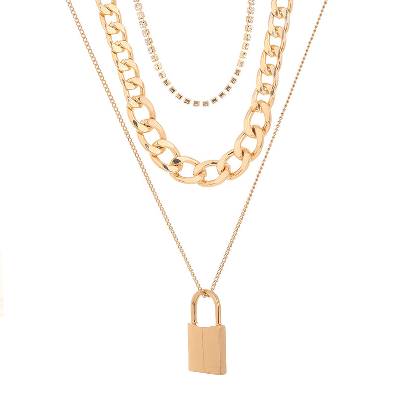 Diamond-studded Multi-layered Chain Pendant Necklace with Heavy Metal Chain