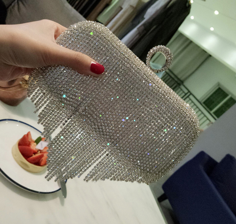 shiny diamond ladies fringed hand bag