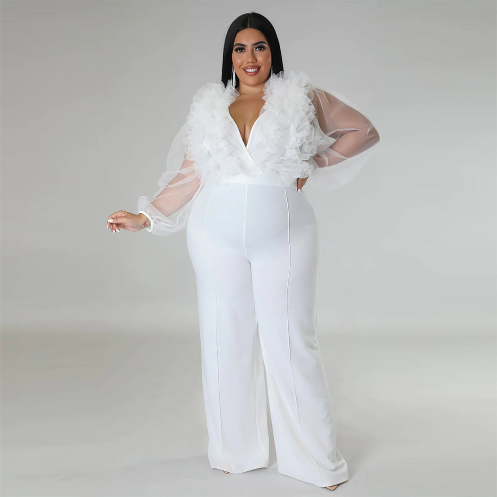 Deep V Solid Large Bodysuit Perspective Long Sleeve Women jumpsuit