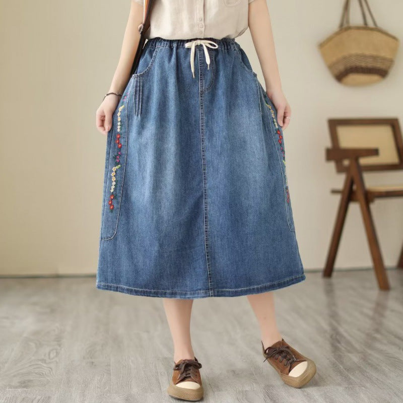 New Real-life Denim Embroidery Casual Loose Fitting Skirt For Women