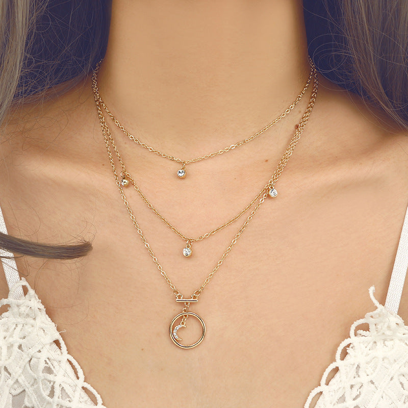 Alpscommerce Bohemian Antique Gold Circle Moon Rhinestone Pendant Chokers Necklaces Multi Layer Necklace Collar for Women Jewelry