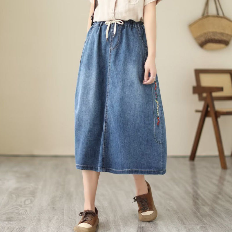 New Real-life Denim Embroidery Casual Loose Fitting Skirt For Women