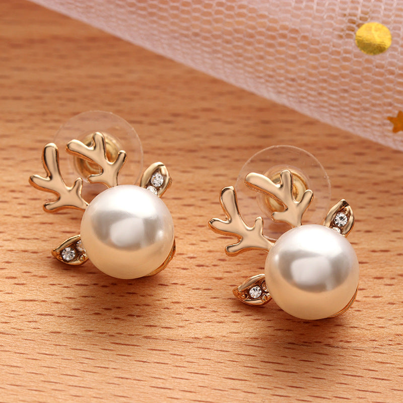 Stud Earrings Christmas Pearl Antlers Earrings