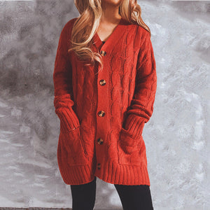 Single-breasted Coarse Twist Pocket Long-sleeved Knitted Sweater