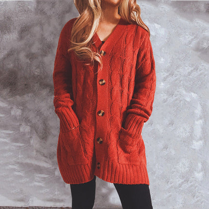 Single-breasted Coarse Twist Pocket Long-sleeved Knitted Sweater