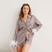 Solid Color Feather Detachable Long Sleeve Shorts Set