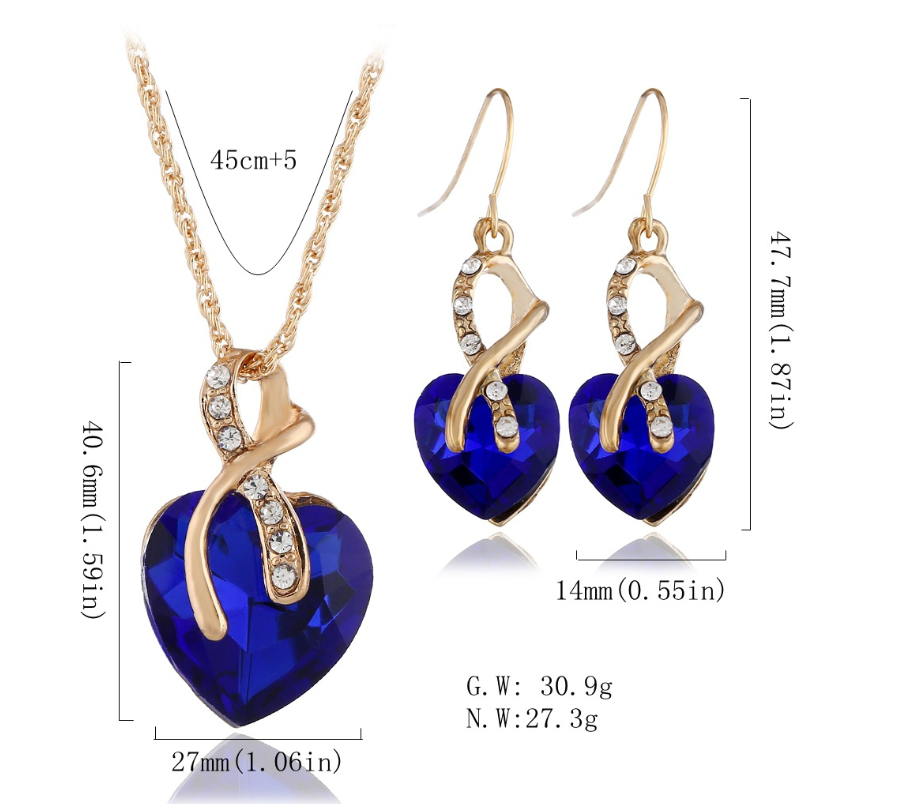 fashion banquet ornaments Two-piece set of peach heart crystal diamonds Big red heart-shaped earrings necklace set