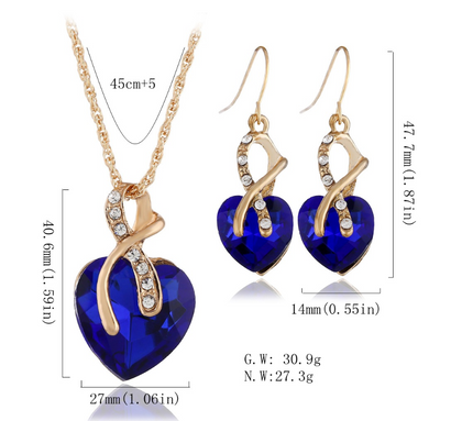 fashion banquet ornaments Two-piece set of peach heart crystal diamonds Big red heart-shaped earrings necklace set