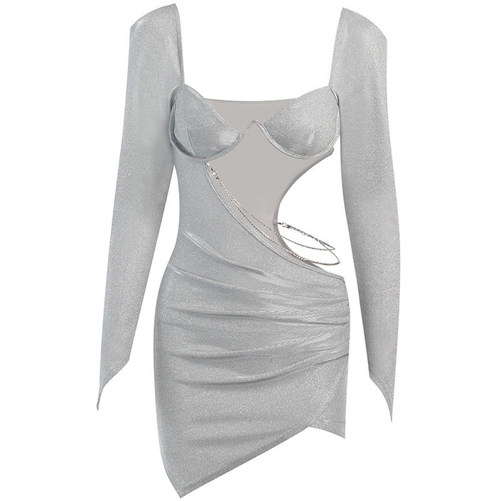 Long Sleeve Hollowed Out Drill Strip Bag Hip Skirt