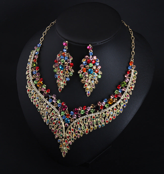 Full Rhinestone Color Clavicle Necklace Earrings Set Dress