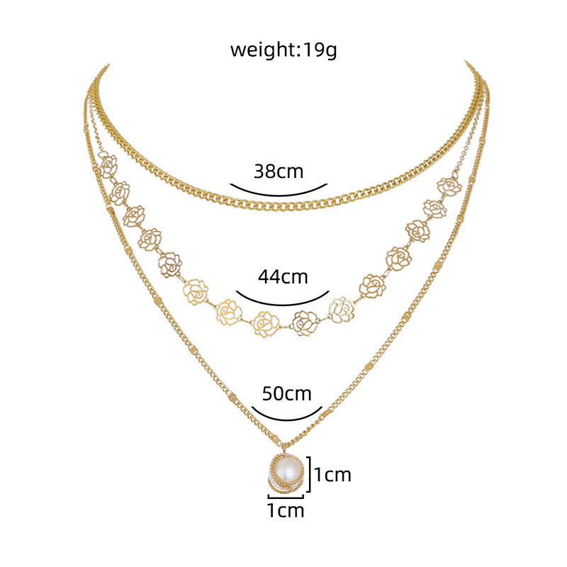 Simple Imitation High-light Pearl Pendant Necklace Rose Metal Tassel Piece Multi-layer Necklace Woman