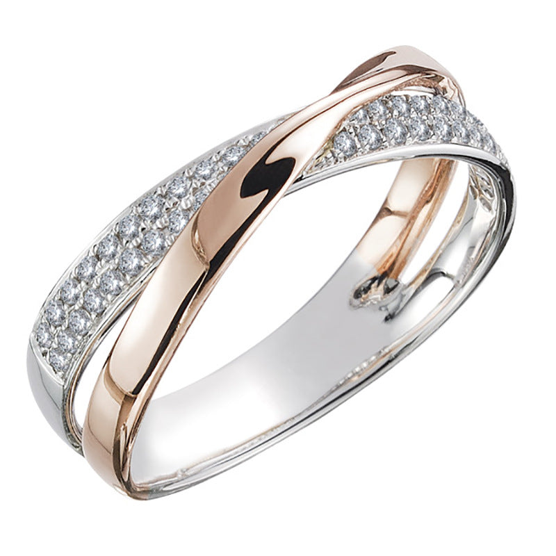 Simple Personality X-shaped Two-tone Female Zircon Copper Ring