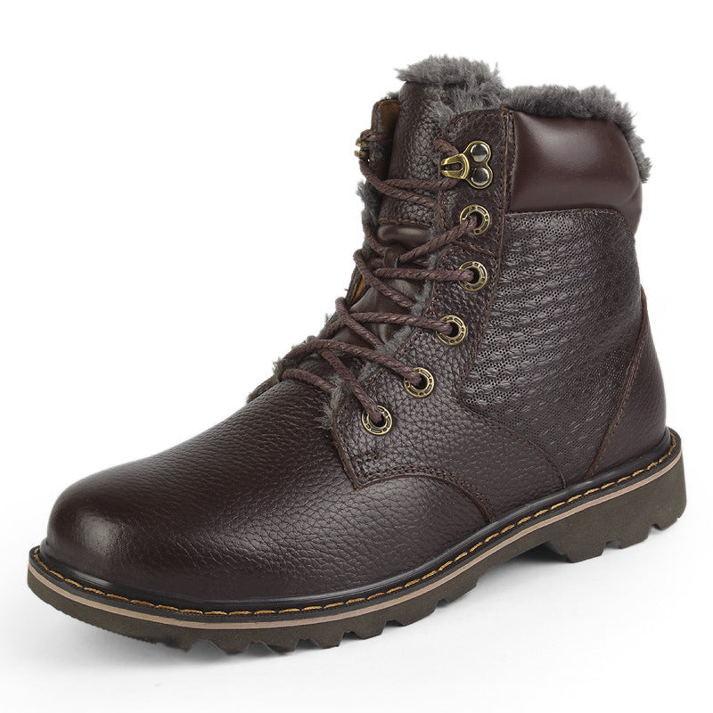 Winter Men's High-top Plus Fluffy Cotton Shoes Cowhide Plus Size To Keep Warm