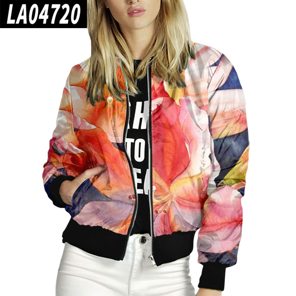 Women Stand Up Collar Baseball Uniform Floral Pattern