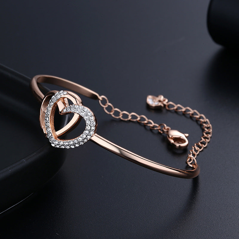 Elegant Romantic Temperament Double Heart Design Clavicle Chain Diamond Love Heart