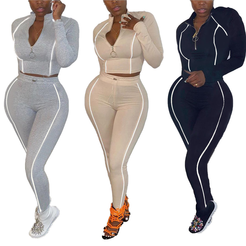 Women 2 Piece Activewear Set Long Sleeve Zip Top Leggings gym