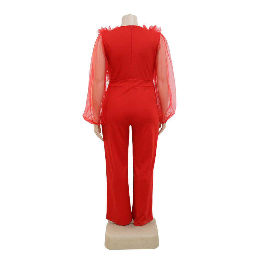 Deep V Solid Large Bodysuit Perspective Long Sleeve Women jumpsuit