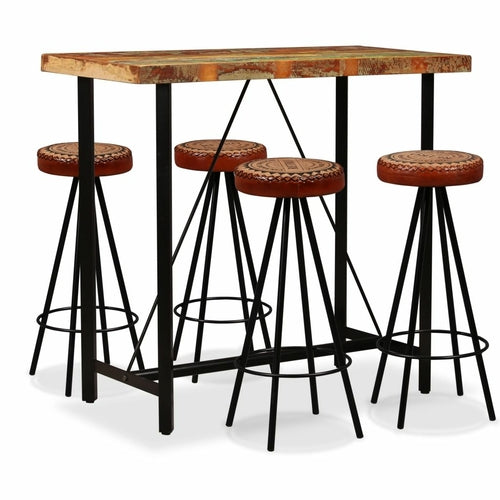 Bar Set 9 Pieces Solid Reclaimed Wood, Genuine Leather & Canvas