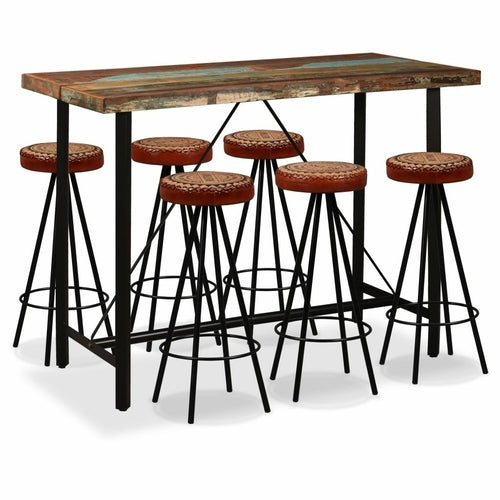 Bar Set 9 Pieces Solid Reclaimed Wood, Genuine Leather & Canvas