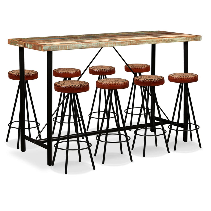 Bar Set 9 Pieces Solid Reclaimed Wood, Genuine Leather & Canvas