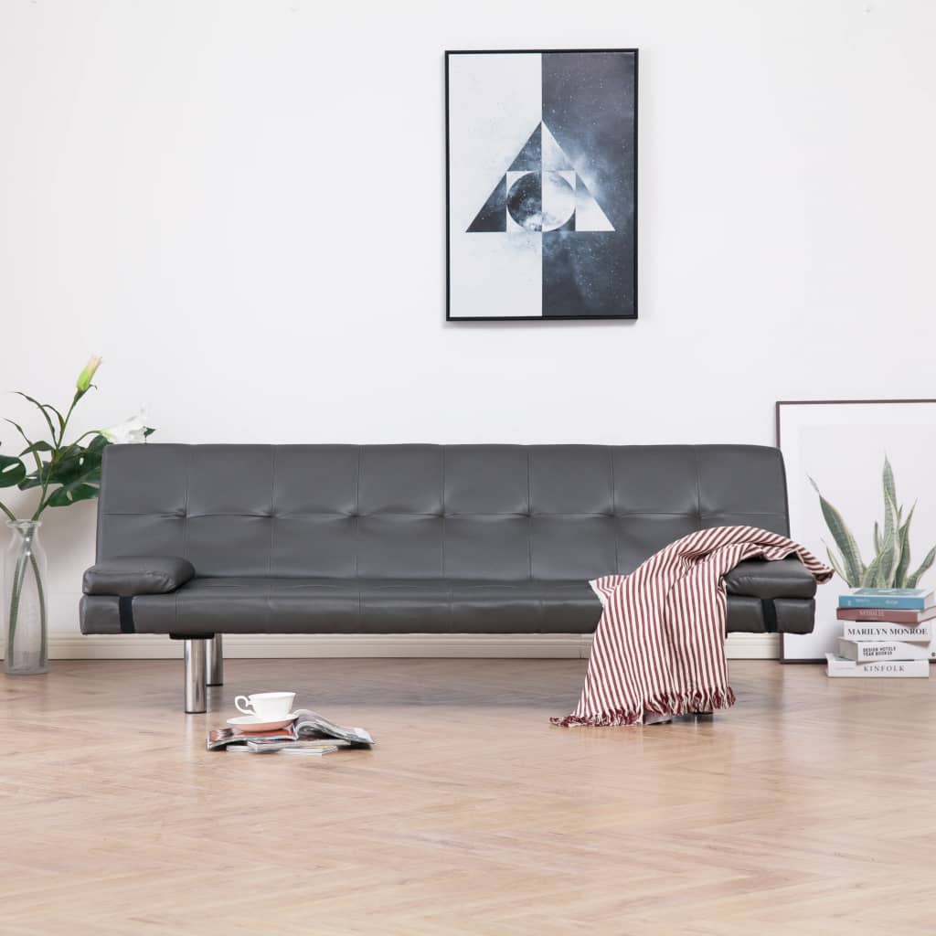 Sofa Bed with Two Pillows Gray Faux Leather