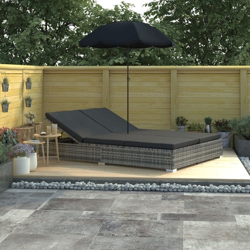 Outdoor Lounge Bed with Umbrella Poly Rattan Gray