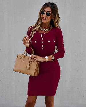 Fashion Ladies Long Sleeve Round Neck Buttoned Dress Alpscommerce