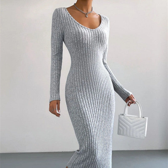 Women's Fashion Knitted U-neck Long-sleeved Tight-fitting Dress
