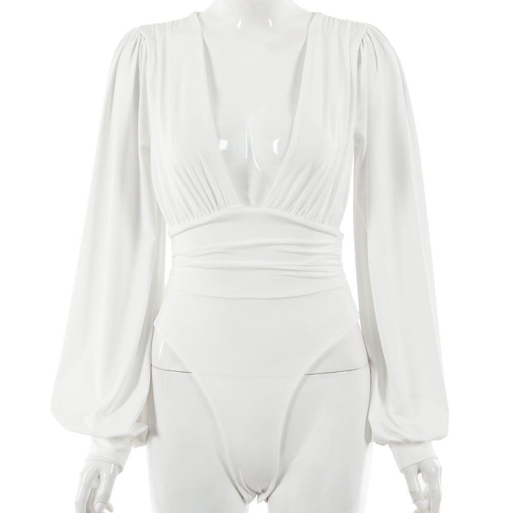 Women's   long-sleeved deep V waist pleated temperament bodysuit