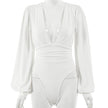 Women's   long-sleeved deep V waist pleated temperament bodysuit