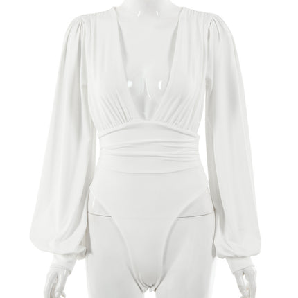 Women's   long-sleeved deep V waist pleated temperament bodysuit