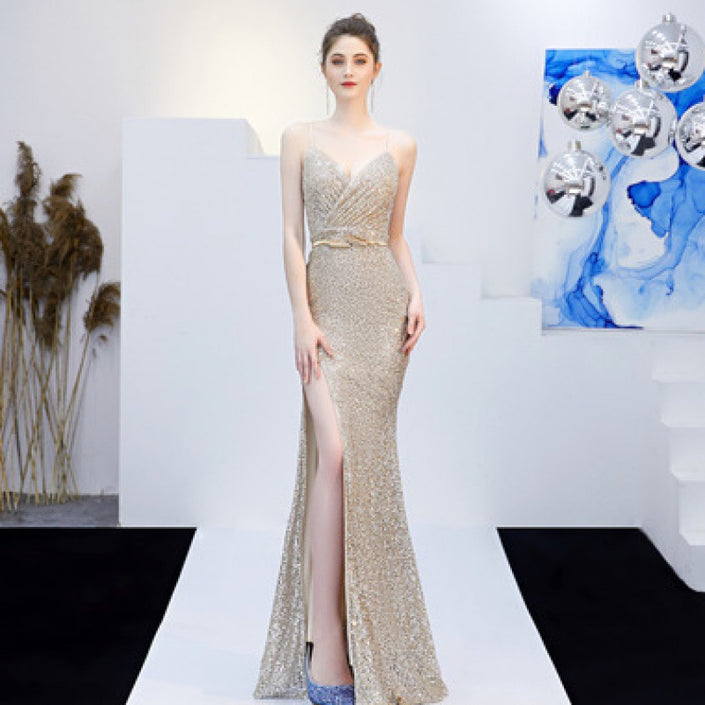 Long Host Deep V Sexy Fishtail Sequined Dress