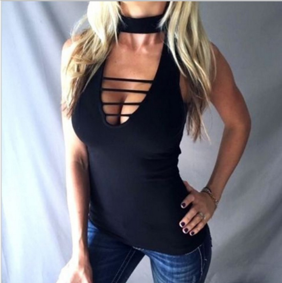 Tank Women Casual Lace Up Hollow Out V neck Tops