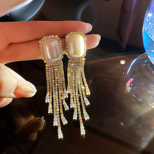 Alpscommerce Fashion Exaggerated Pearl Full Diamond Long Tassel Earrings