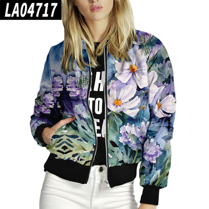 Women Stand Up Collar Baseball Uniform Floral Pattern