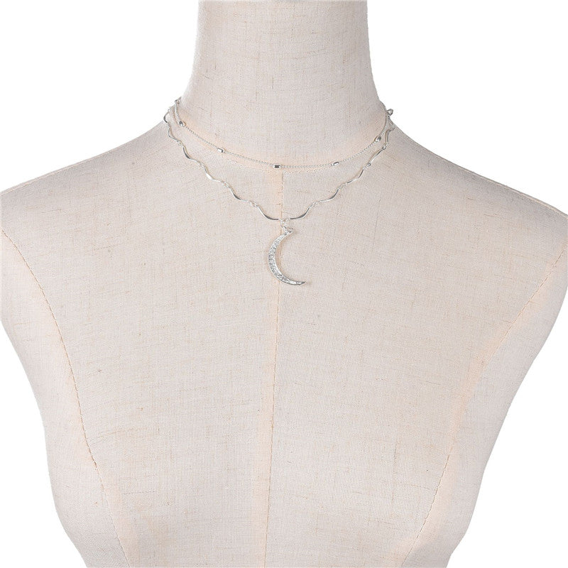 Full Diamond Moon Pendant Layered Pendant Necklace