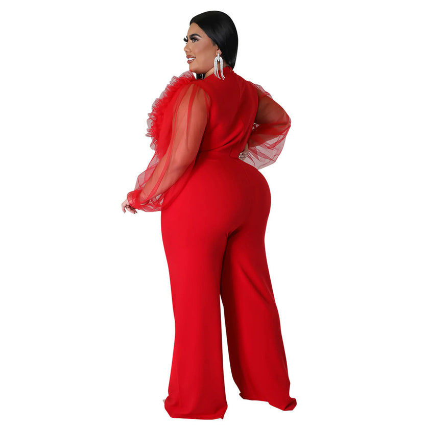 Deep V Solid Large Bodysuit Perspective Long Sleeve Women jumpsuit