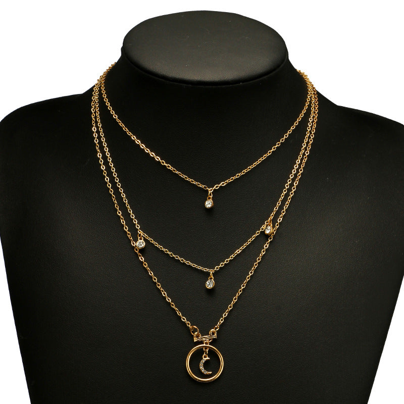 Alpscommerce Bohemian Antique Gold Circle Moon Rhinestone Pendant Chokers Necklaces Multi Layer Necklace Collar for Women Jewelry