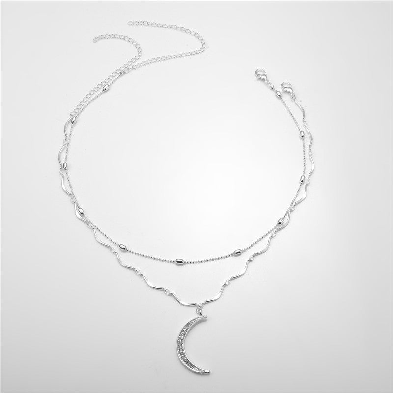 Full Diamond Moon Pendant Layered Pendant Necklace
