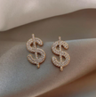 Creative Alloy Dollar Sign Design Stud Earrings for Women Girls Lady Party Gift Gold Rhinestone Jewelry