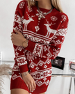 Elk Christmas Jacquard Long Sleeve Woolen Dress