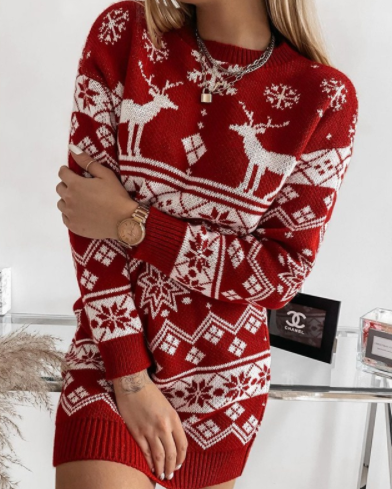 Elk Christmas Jacquard Long Sleeve Woolen Dress