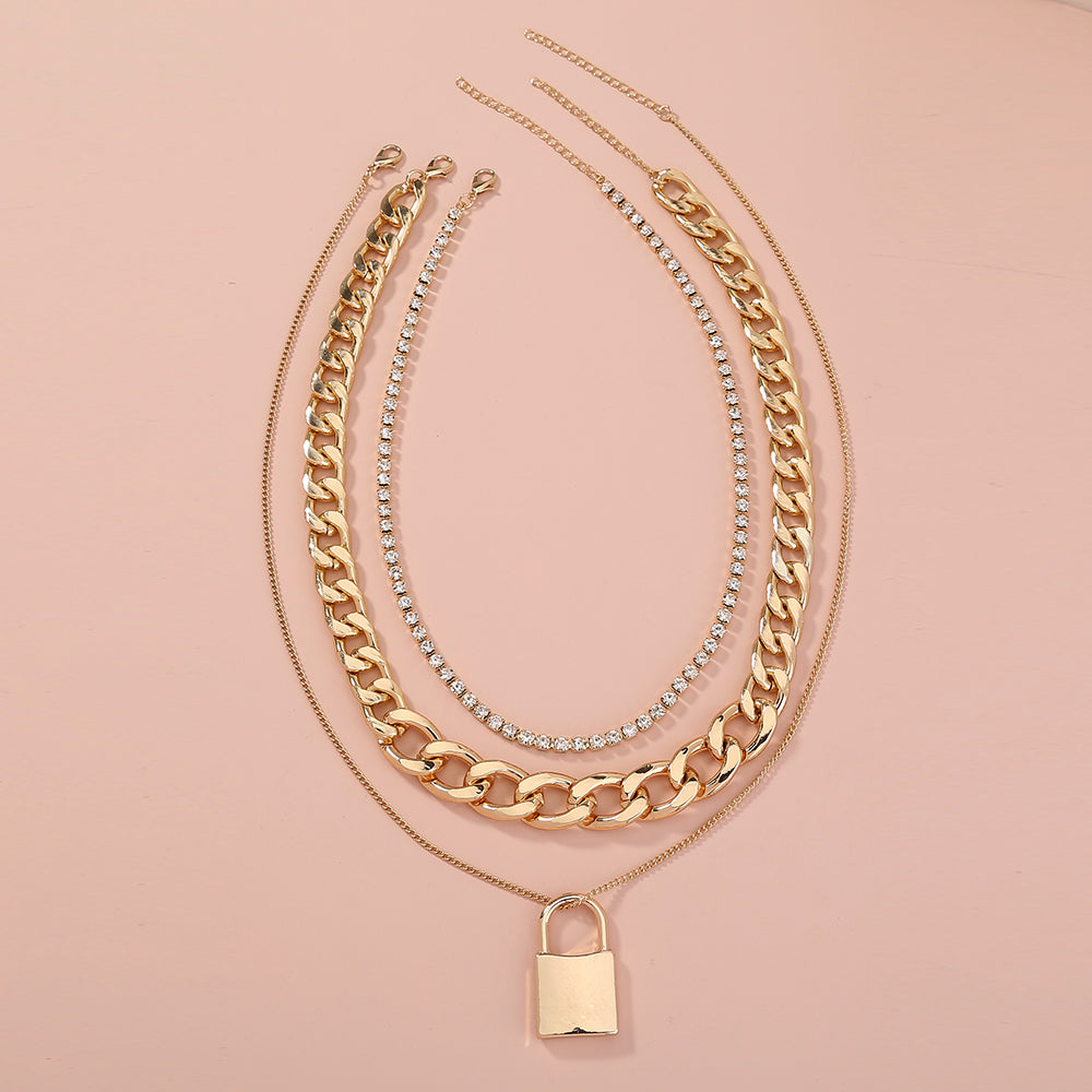 Diamond-studded Multi-layered Chain Pendant Necklace with Heavy Metal Chain