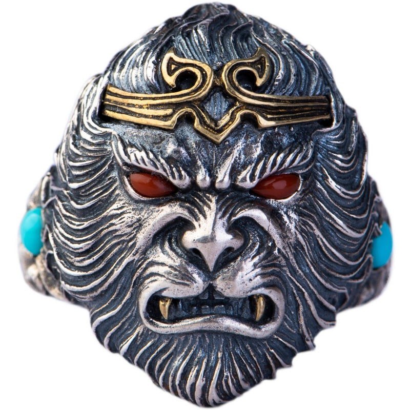 Alpscommerce Handmade Men And Women Monkey King Ring Vintage Silver Gifts