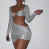 Long Sleeve Hollowed Out Drill Strip Bag Hip Skirt