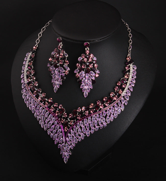 Full Rhinestone Color Clavicle Necklace Earrings Set Dress