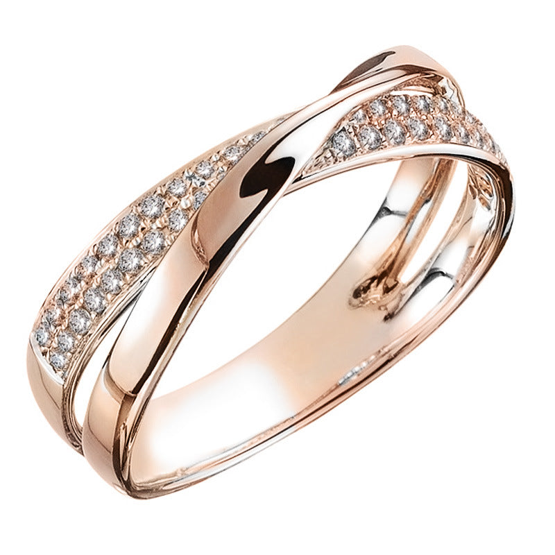 Simple Personality X-shaped Two-tone Female Zircon Copper Ring